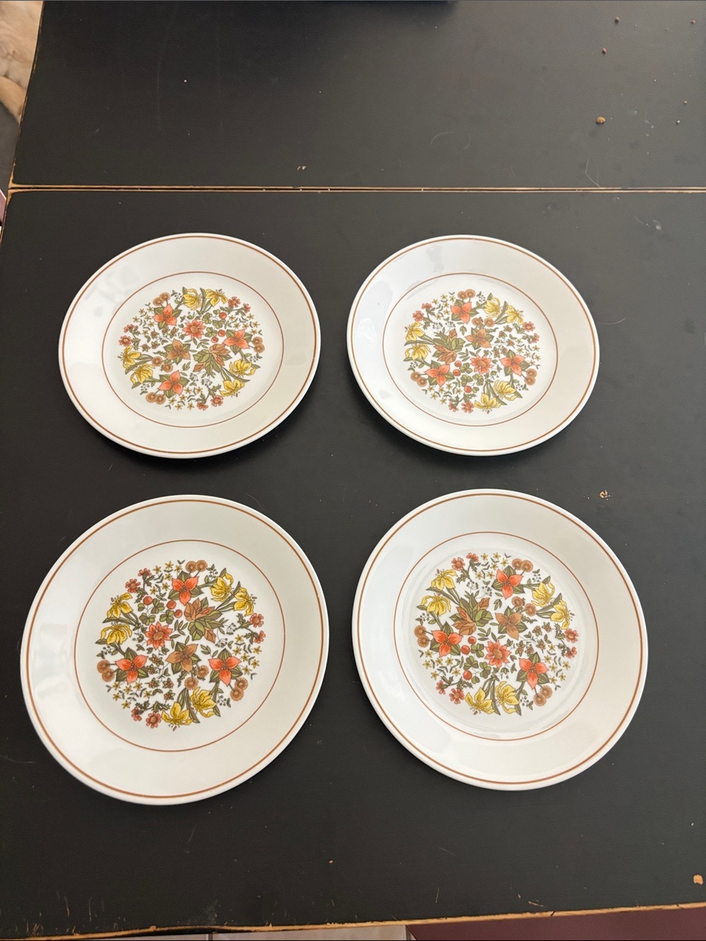 Corelle White Dinner Plates with Orange, Yellow & Green Floral Medallions